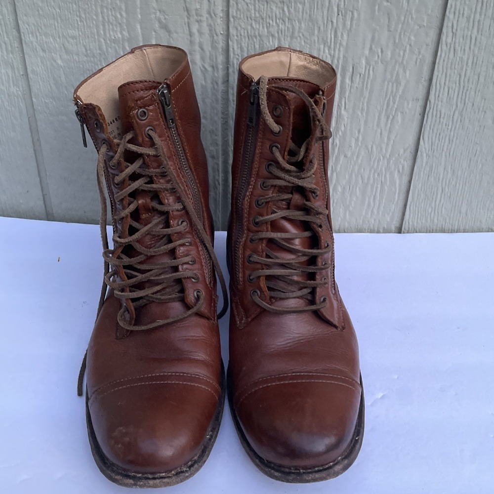 Frye Tyler Boot Mens 13D Brown Leather Double Zip Lace Up Combat Moto 86083 REAR